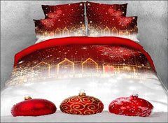 3D Red Christmas Ball Ornaments Printed Cotton Luxury 4-Piece Bedding Sets/Duvet Covers