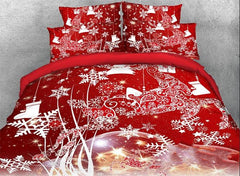 3D Christmas Reindeer and Snowflake Printed Cotton Luxury 4-Piece Red Bedding Sets