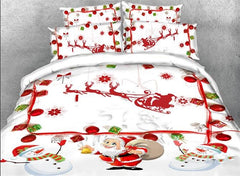 3D Santa Claus and Snowman Printed Cotton Luxury 4-Piece White Bedding Sets