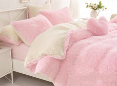 Solid Pink and Creamy White Color Block Luxury 4-Piece Fluffy Bedding Sets/Duvet Cover