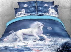 3D White Unicorn and Bubbles Printed Cotton Luxury 4-Piece Bedding Sets/Duvet Covers