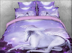 3D White Unicorn with Wings Printed Luxury 4-Piece Purple Bedding Sets/Duvet Covers