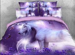 3D Unicorn and Fairies Printed Cotton Luxury 4-Piece Purple Bedding Sets/Duvet Covers