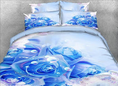 3D Blue Roses and Bubbles Printed Cotton Luxury 4-Piece Bedding Sets/Duvet Covers