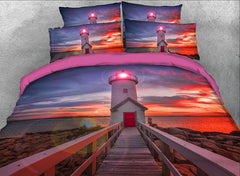 3D Lighthouse at Sunset Printed Cotton Luxury 4-Piece Bedding Sets/Duvet Covers