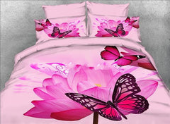 3D Butterfly and Pink Lotus Printed Cotton Luxury 4-Piece Bedding Sets/Duvet Covers