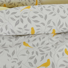 Designer Brocade Gray Leaves and Yellow Birds Pattern Luxury 4-Piece Cotton Bedding Sets