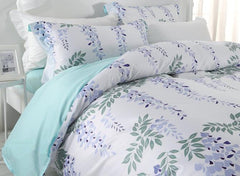 Designer Brocade Green Leaves Strings and Purple Flowers Luxury 4-Piece Cotton Bedding Sets