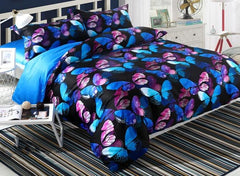 Brocade Magical Blue Pink Morpho Butterflies Printed Luxury 4-Piece Cotton Bedding Sets