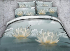 3D White Lotus and Dragonfly Printed Cotton Luxury 4-Piece Bedding Sets/Duvet Covers