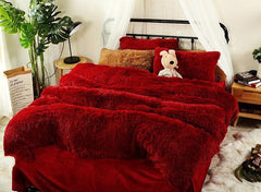 Full Size Hot Red Super Soft Plush Luxury 4-Piece Fluffy Bedding Sets/Duvet Cover