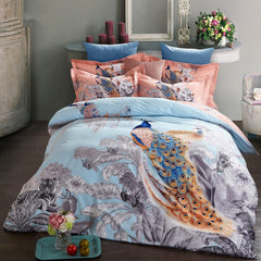 Peacocks and Tigers with Flowers Blooming Pattern Cotton Luxury 4-Piece Bedding Sets/Duvet Cover
