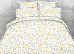 Designer Gray Leaves and Yellow Birds Printed Polyester Luxury 4-Piece Bedding Sets/Duvet Cover