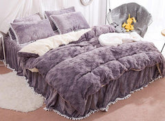 Solid Purple with Decorative Fuzzy Ball Faux Rabbit Fur Fluffy Luxury 4-Piece Fluffy Bedding Sets