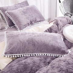 Solid Purple with Decorative Fuzzy Ball Faux Rabbit Fur Fluffy Luxury 4-Piece Fluffy Bedding Sets
