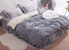 Solid Grey with Decorative Fuzzy Ball Faux Rabbit Fur Luxury 4-Piece Fluffy Bedding Sets