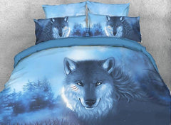 3D Wolf in the Forest Printed Blue Luxury 4-Piece Bedding Sets/Duvet Covers
