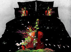 3D Violin and Pink Magnolia Printed Luxury 4-Piece Bedding Sets/Duvet Covers