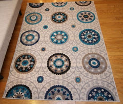Traditional Ivory Blue Circle Floral Abstract Area Rugs