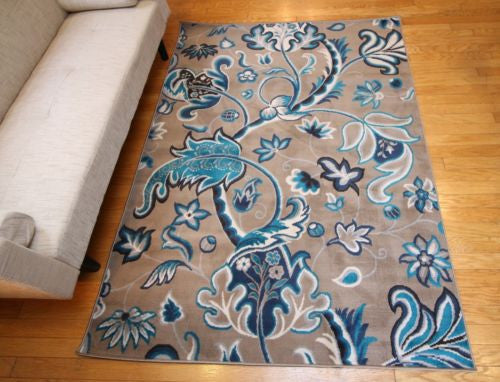 New Traditional Brown Blue Circle Floral Abstract Area Rugs