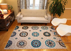 Traditional Ivory Blue Circle Floral Abstract Area Rugs